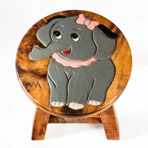Taburete infantil, escabel, silla infantil de madera maciza con motivo animal elefante, 25 cm de altura de asiento para nuestro grupo de asientos infantiles