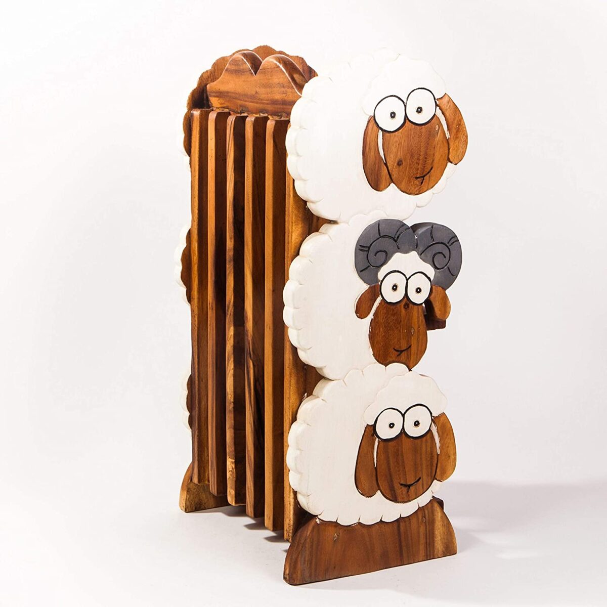 Children's solid wooden shoe rack with sheep and ram motif
